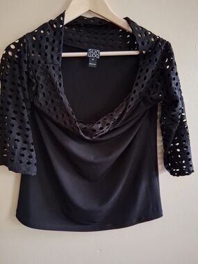 Clara Sun Woo Black Cowl Neck Blouse with Eyelet 3/4 Sleeves